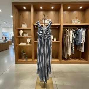 Elegant Blue Striped Bow Detail Jumpsuit Medium